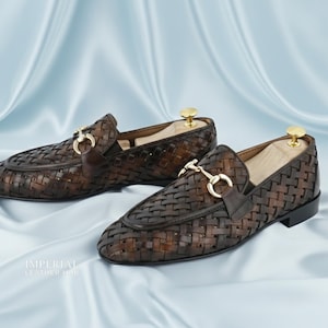 Mocasines de piel marrón tejida a mano para hombre: zapatos de vestir sin cordones de lujo de estilo italiano
