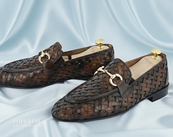 Mocasines de piel marrón tejida a mano para hombre: zapatos de vestir sin cordones de lujo de estilo italiano
