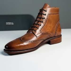 Handmade Men's Tan Leather Brogue Boots | Classic Handmade  Wingtip Ankle Dress & Casual Shoes