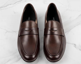 Handmade Brown Leather Loafers for Men | Penny Slip-On Dress Shoes | Classic Formal Leather Footwear