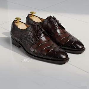 Handmade Crocodile Leather Oxford Dress Shoes for Men | Brown Patina Formal Shoes | Luxury Handmade Leather Footwear