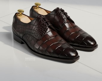 Handmade Crocodile Leather Oxford Dress Shoes for Men | Brown Patina Formal Shoes | Luxury Handmade Leather Footwear
