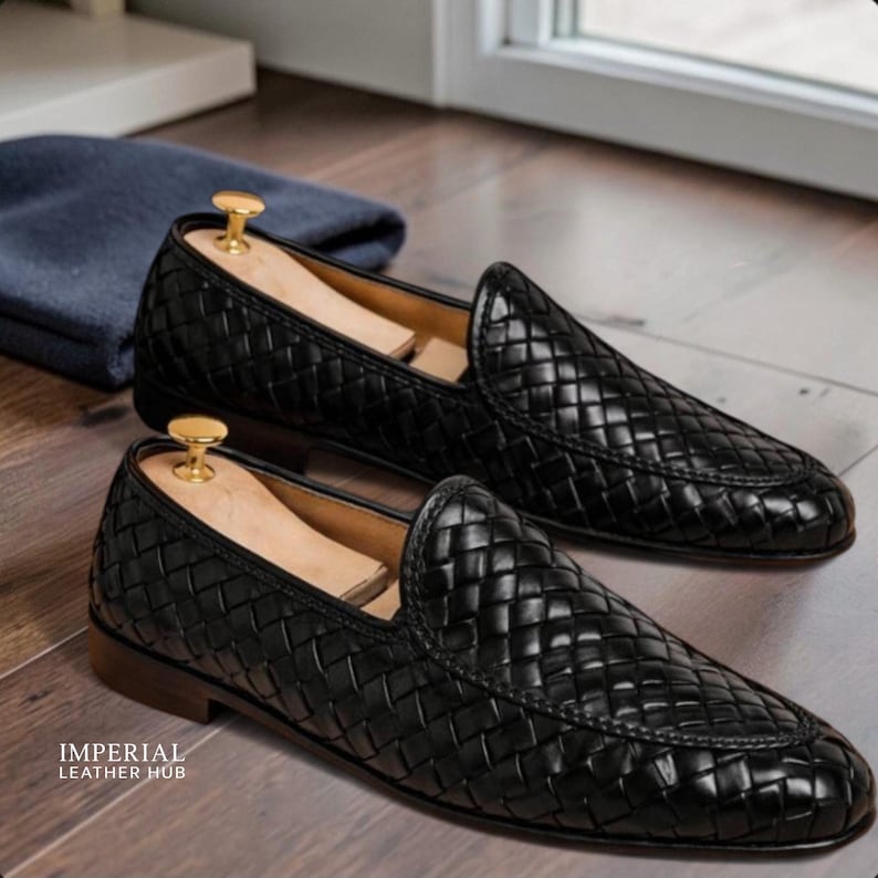 Men's Black Woven Leather Loafers – Handmade Slip-On Dress Shoes image 3