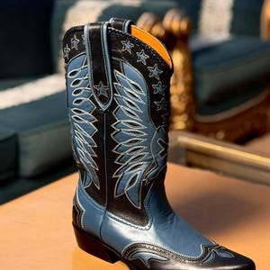 Handmade Blue Black Leather Cowboy Boots – Embroidered Western Rodeo Statement Pair