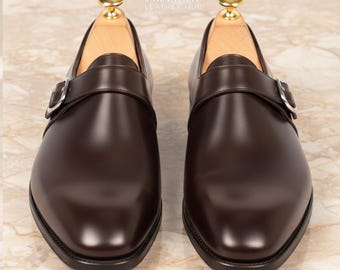 Handmade Brown Leather Single Monk Strap Shoes for Men – Luxury Formal Dress Footwear