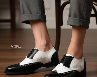 Handmade Bespoke Two-Tone Leather Wingtip Brogue Shoes for Men | Handcrafted Formal Dress Shoes | Luxury Oxford Style