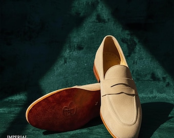 Handcrafted Beige Suede Penny Loafers for Men – Soft Leather Slip-On Dress Shoes