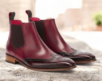 Stivaletti Chelsea con punta a coda di rondine fatti a mano color bordeaux/marrone – Stivaletti brogue in pelle da uomo