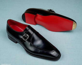 Lyxiga Monk Strap Loafers för män | Svarta läderskor med röd sula