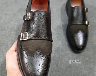 Chaussures noires à double bride pour homme faites à la main - Chaussures de ville richelieu en cuir à bout ailé