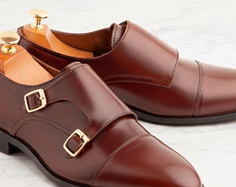 Handcrafted Tan Leather Double Monk Strap Shoes – Men’s Cap Toe Formal Wedding Business
