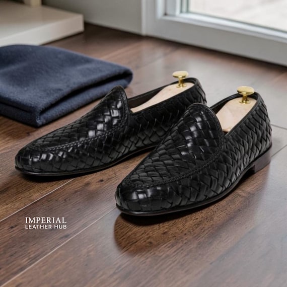 Men's Black Woven Leather Loafers – Handmade Slip-On Dress Shoes