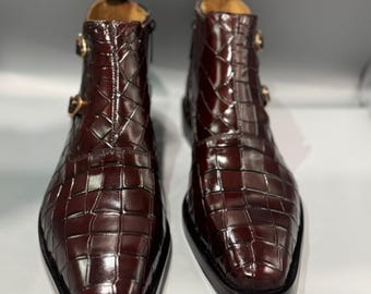 Handmade Burgundy Crocodile Embossed Leather Ankle Boots – Double Monk Strap Dress Shoes