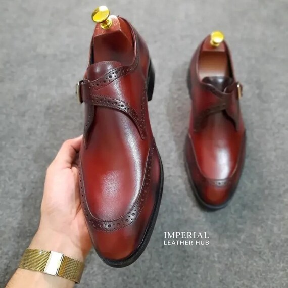 Mens Burgundy Monk Strap Dress Shoes Handmade – Luxury Leather Formal Shoes for Wedding & Business