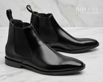 Stivaletti Chelsea in pelle nera fatti a mano da uomo – Stivaletti eleganti alla caviglia con punta quadrata