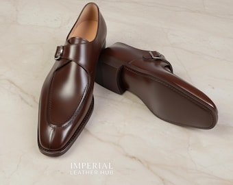 Sapatos Oxford de couro marrom feitos à mão com fivela para homens – Calçados formais personalizados
