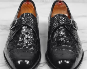 Handgefertigte schwarze Kroko-geprägte Leder Single Monk Strap Schuhe für Herren - Luxus Slip-On formelle Anzugschuhe