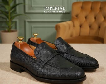 Handmade Black Textured Leather Loafers for Men – Classic Slip-On Dress Shoes