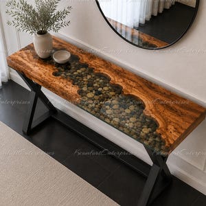 Live Edge Olive Wood River Table with Stones | Epoxy Resin Console Entryway Furniture