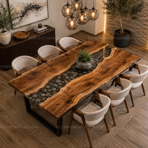 Live Edge Walnut Dining Table | Clear Epoxy River Pebble Stones, Rustic Wood Kitchen Top