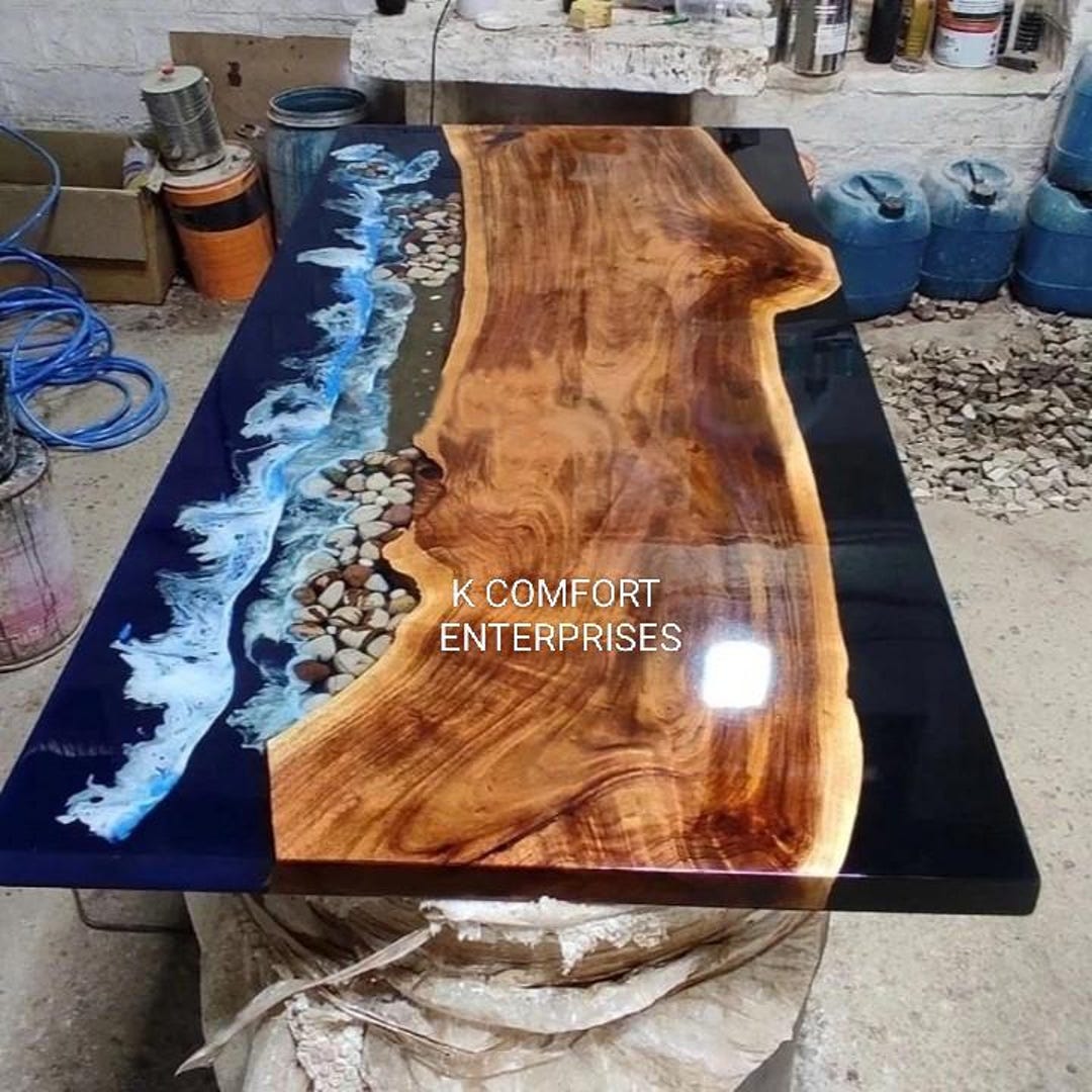 Ocean Epoxy Table / Natural Wood Dining Table / Live Edge Wood & Resin ...