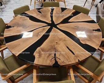 Round Live Edge Resin Dining Table Top | Starburst Burl Wood & Black Epoxy River Table | Luxury Walnut Conference Table | Custom Round Table