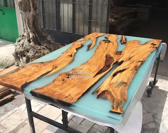Turquoise Epoxy River Table: Acacia Wood Dining Table