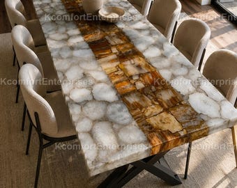 Luxury White Quartz & Amber Agate Dining Table Top | Natural Gemstone Table | Epoxy Resin Furniture White Quartz and Amber Agate Table Top |