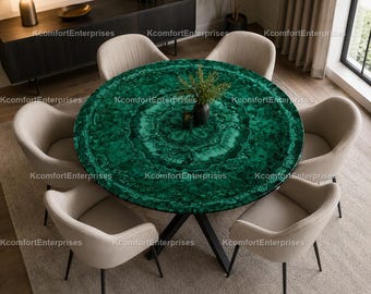 Malachite Green Round Table Top, Genuine Stone Inlay Dining Table, Luxury Gemstone Conference Table, Custom Mid Century Furniture tabletop