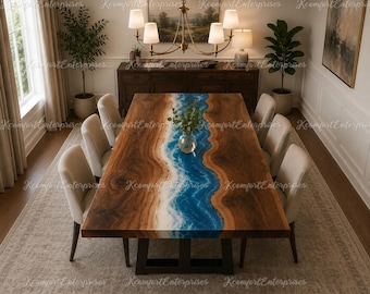 Live Edge Ocean Resin Dining Table, Walnut Wood Epoxy River Table, Beach Wave Dining Table Top, Custom Coastal Furniture Epoxy River Table,
