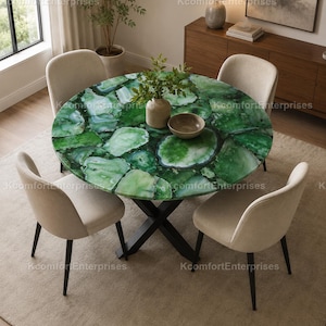 Green Agate Table Top | Luxury Emerald Quartz Dining Table | Custom Round Table | Gemstone Resin Furniture Emerald Green Agate Dining Table