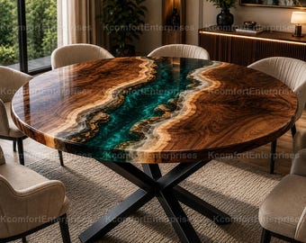 Tablero de mesa de comedor redondo de nogal con resina epoxi y borde natural: Muebles de resina verde esmeralda