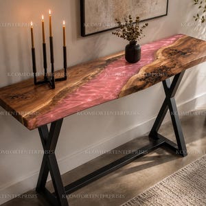 Pink Epoxy River Table | Live Edge Walnut Console Table | Rose Resin Sofa Table | Modern Entryway Furniture Live Edge Pink Resin Console top