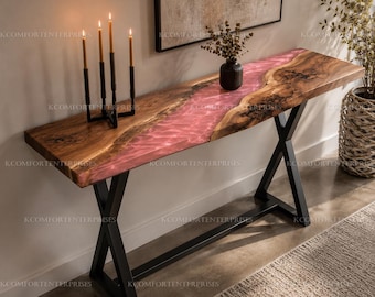 Pink Epoxy River Table | Live Edge Walnut Console Table | Rose Resin Sofa Table | Modern Entryway Furniture Live Edge Pink Resin Console top