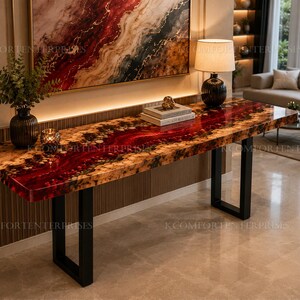 Live Edge Red Resin River Console Table, Deep Ruby Red Epoxy Wood Tabletop, Handmade Entryway Sofa Table, Custom Live Edge Wood Furniture