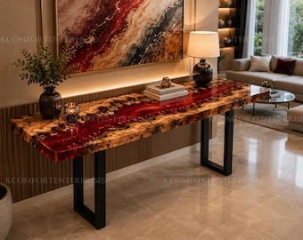 Mesa consola de resina roja con borde natural, tablero de madera epoxi rojo rubí intenso, mesa auxiliar de entrada hecha a mano, muebles de madera con borde natural personalizados.