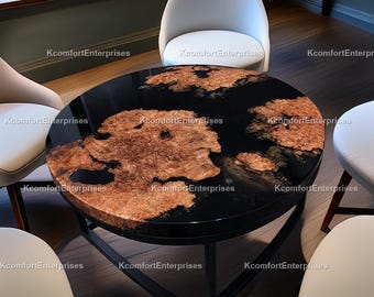 Round Black Epoxy Dining Table Top | Live Edge Burl Wood Coffee Table | Custom Resin |Modern Luxury Furniture | Round Burl Wood Dining Table