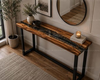 Live Edge River Rock Epoxy Console Table | Rustic Hardwood Entryway Sofa Table