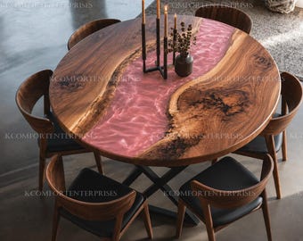 Round Pink Epoxy River Table Top | Live Edge Walnut Dining Table | Custom Resin Ocean Table | Mid Modern Pink Epoxy River Dining Table Top |