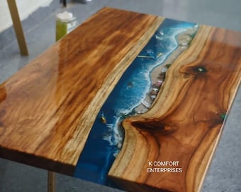 Ocean Blue Epoxy Table / Natural Wood Dining Table / Live Edge Wood & Resin Table / Custom Handmade River Table / Wooden Coffee Table Top