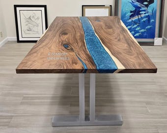 Blue Epoxy River Table, Natural Acacia Wood Dining Table