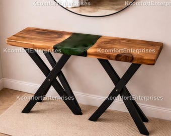 Green Epoxy Resin River Console Table | Live Edge Wooden Entryway Table | Industrial Sofa Table | Handmade Slab Green River Console Table |