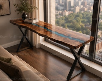 Custom Live Edge River Console Table | Turquoise Epoxy Resin Entryway Table | Walnut Hallway Sofa Table | Rustic Modern Home Decor