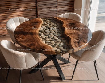 Round Live Edge River Table with Stones | Blue Epoxy Resin Dining Table | Burl Wood Kitchen Table Top | Luxury Pebble Inlay Furniture table