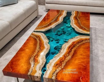 River-tafel acaciahout: blauwe epoxyhars, salontafel met geslepen rand