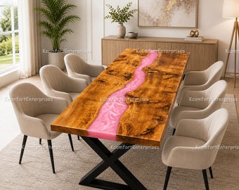 Pink Epoxy River Dining Table | Live Edge Maple Burl Table | Luxury Resin Dining Room Furniture | Custom Wood Table Top Luxury Pink River