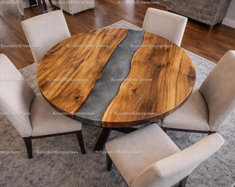 Round Epoxy River Table | Live Edge Wood Dining Table | Industrial Gray Resin Kitchen Table | Custom Handmade Furniture | Edge Wood Kitchen