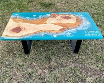 Oceaanblauwe epoxy salontafel, acaciahouten riviertafel met live edge