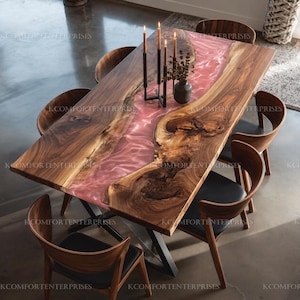 Live Edge Walnut Dining Table Top | Pink Quartz Epoxy River, Modern Industrial Furniture