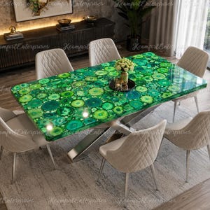 May include: A rectangular dining table featuring a polished green agate gemstone slab top with a vibrant mosaic of circular patterns, supported by a silver-toned metal base, surrounded by six beige upholstered chairs with quilted backrests.